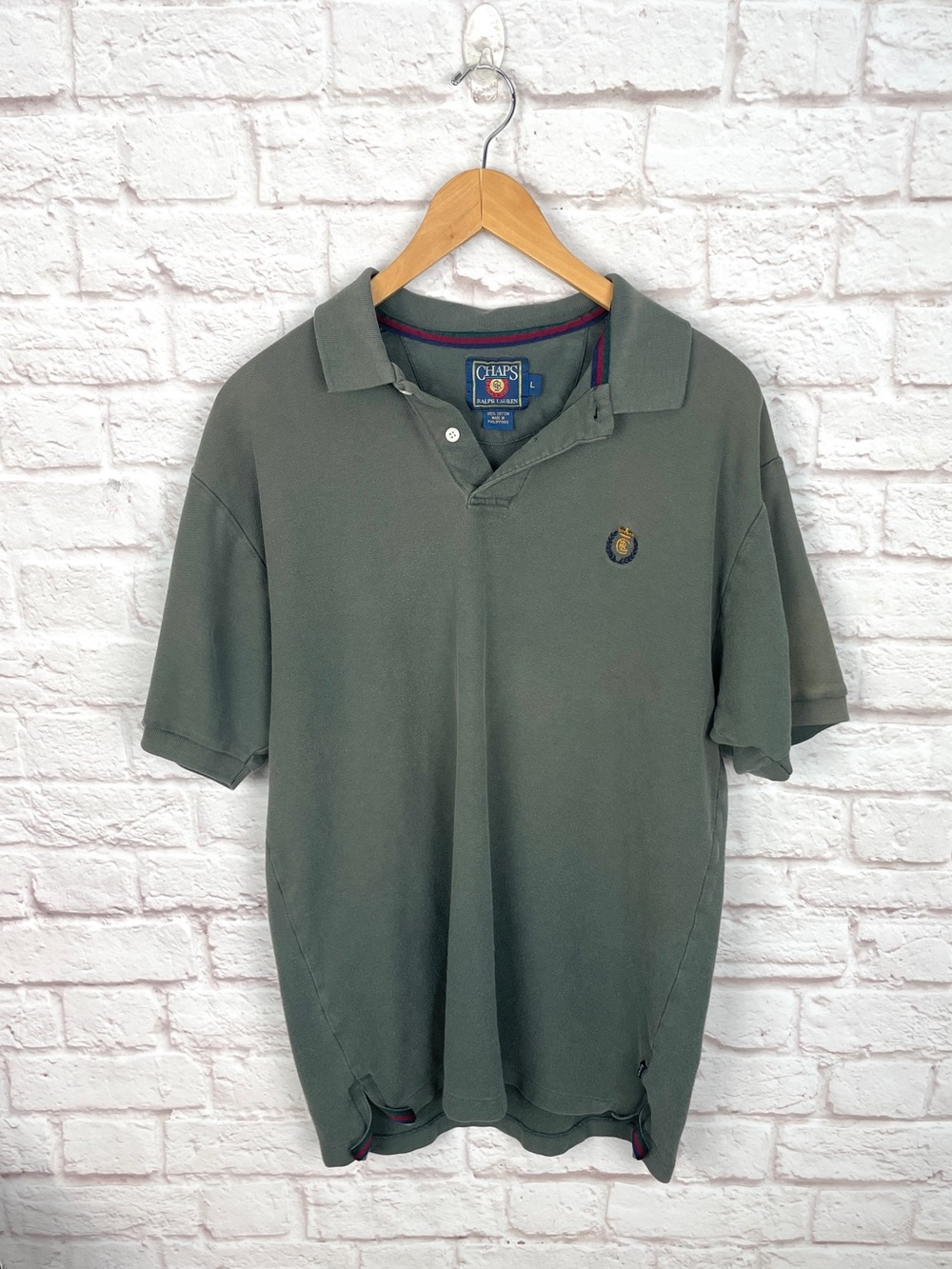 Chaps Ralph Lauren Crest Vintage Gray Polo Shirt Size Large